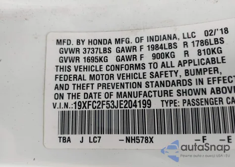 2018 Honda Civic Lx from USA, damaged, VIN 19XFC2F53JE204199